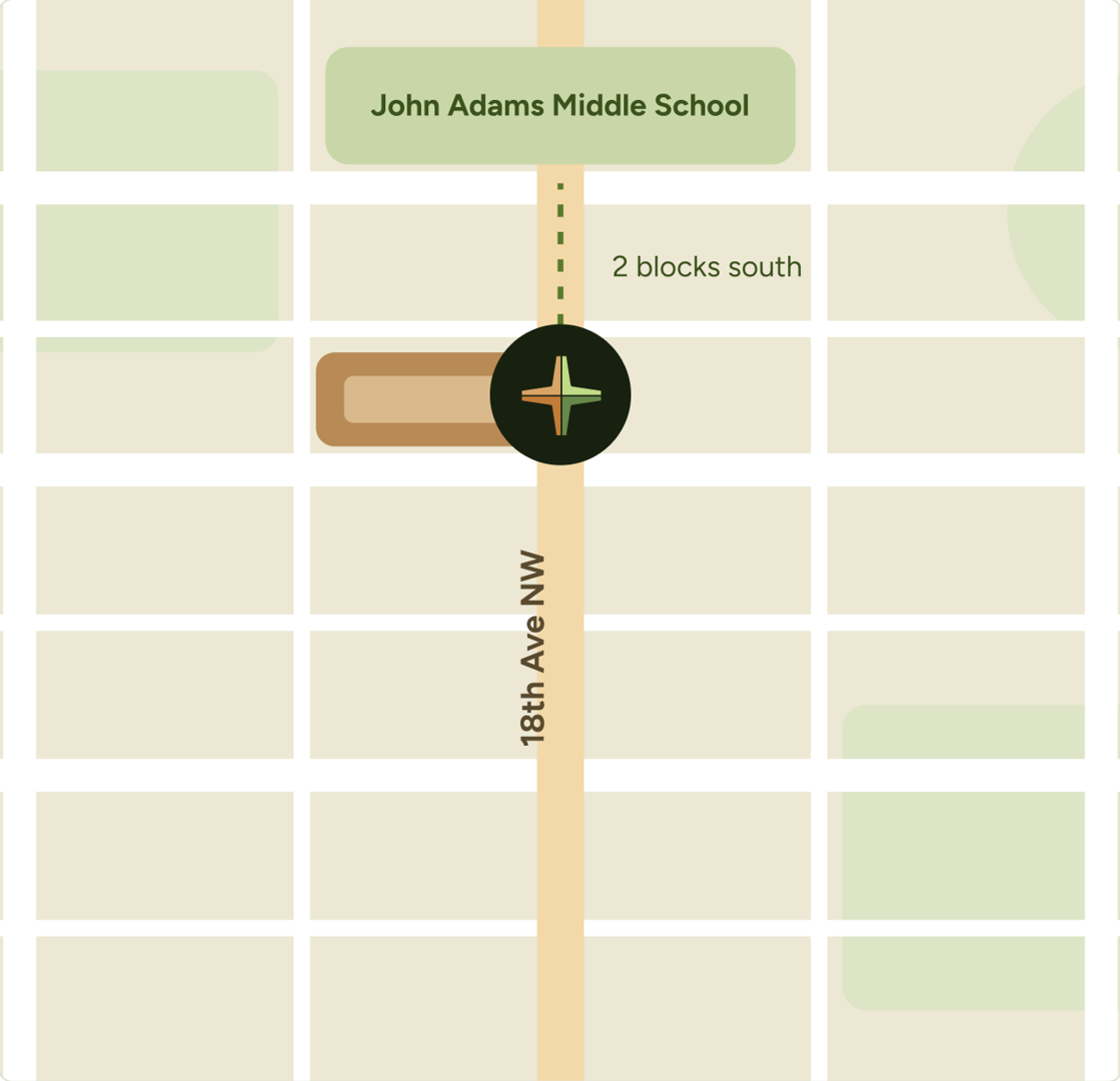 Map: Mount Olive Lutheran Church on 18th Ave NW, two blocks south of John Adams Middle School, northwest Rochester